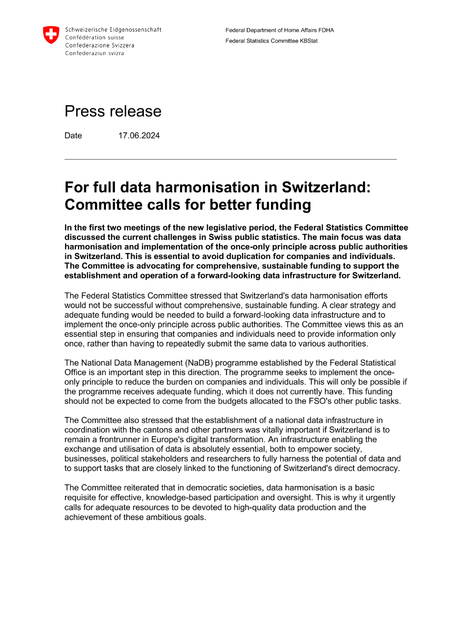For full data harmonisation in Switzerland: Committee calls for better funding