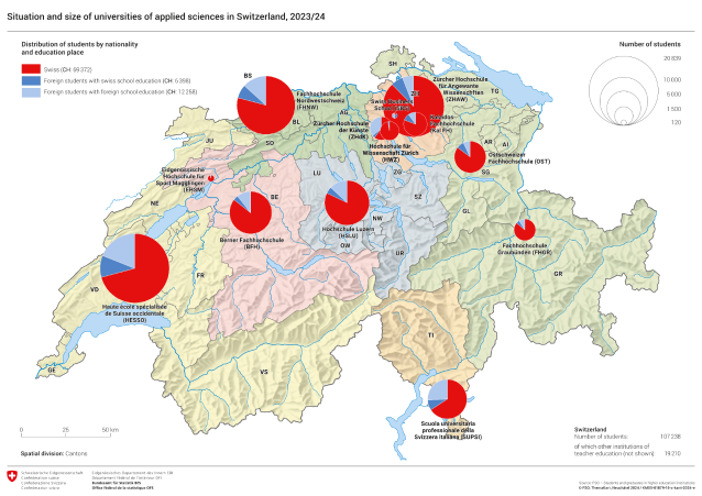 Situation and size of universities of applied sciences in Switzerland