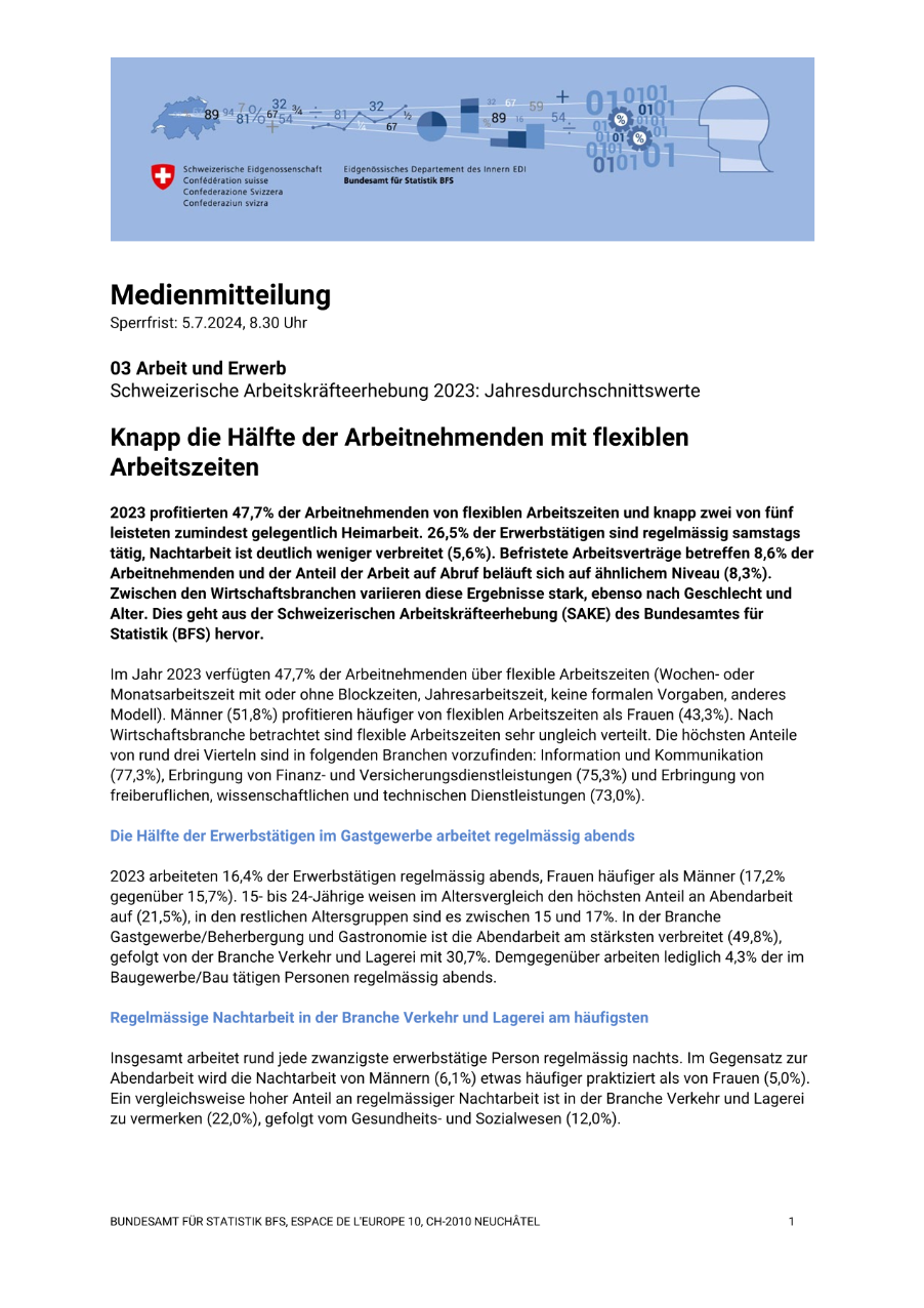 Knapp die Hälfte der Arbeitnehmenden mit flexiblen Arbeitszeiten