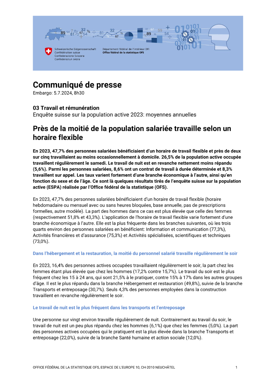 Près de la moitié de la population salariée travaille selon un horaire flexible