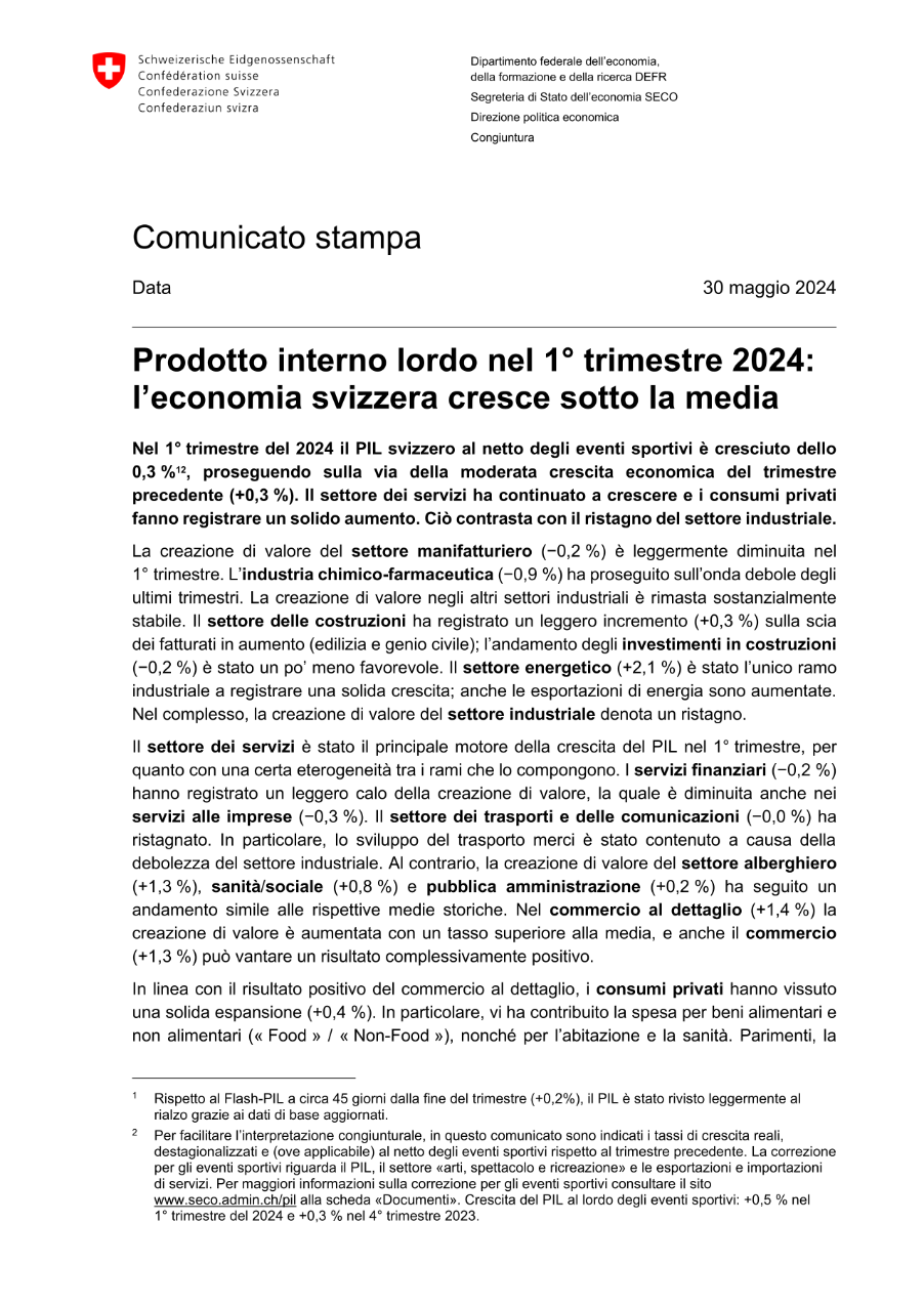 Prodotto interno lordo nel 1° trimestre 2024 - L'economia svizzera cresce sotto la media