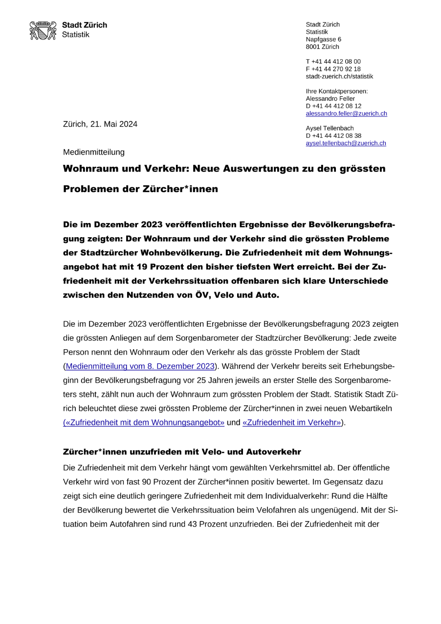 Wohnraum und Verkehr: Neue Auswertungen zu den grössten Problemen der Zürcher*innen