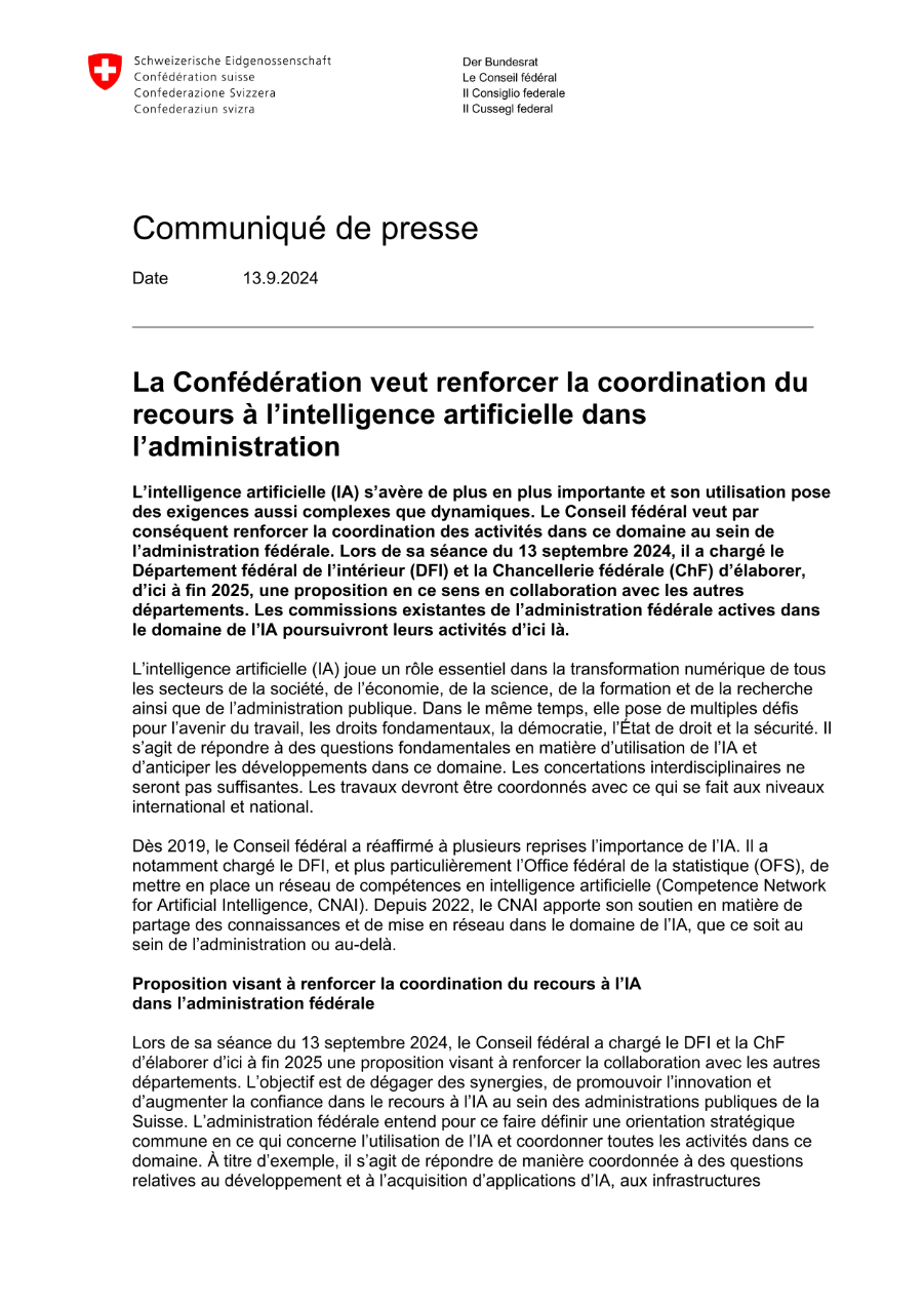 La Confédération veut renforcer la coordination du recours à l'intelligence artificielle dans l'administration