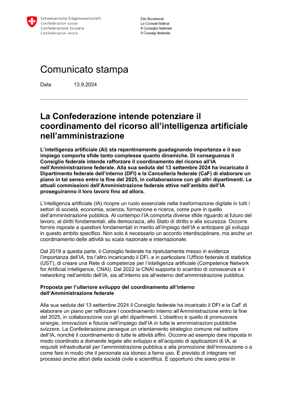 La Confederazione intende potenziare il coordinamento del ricorso all'intelligenza artificiale nell'amministrazione