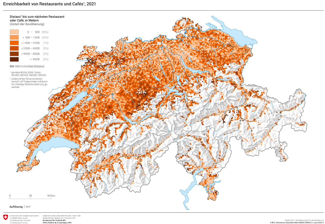Erreichbarkeit von Restaurants und Cafés