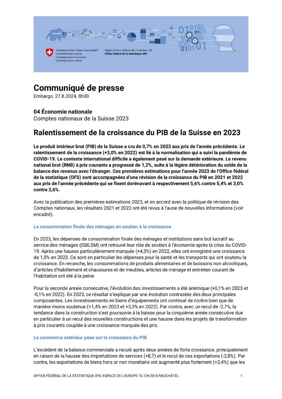 Ralentissement de la croissance du PIB de la Suisse en 2023