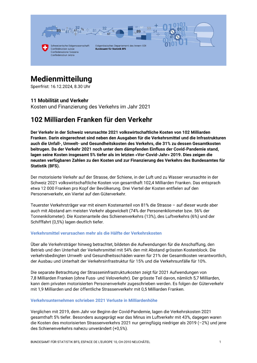 102 Milliarden Franken für den Verkehr