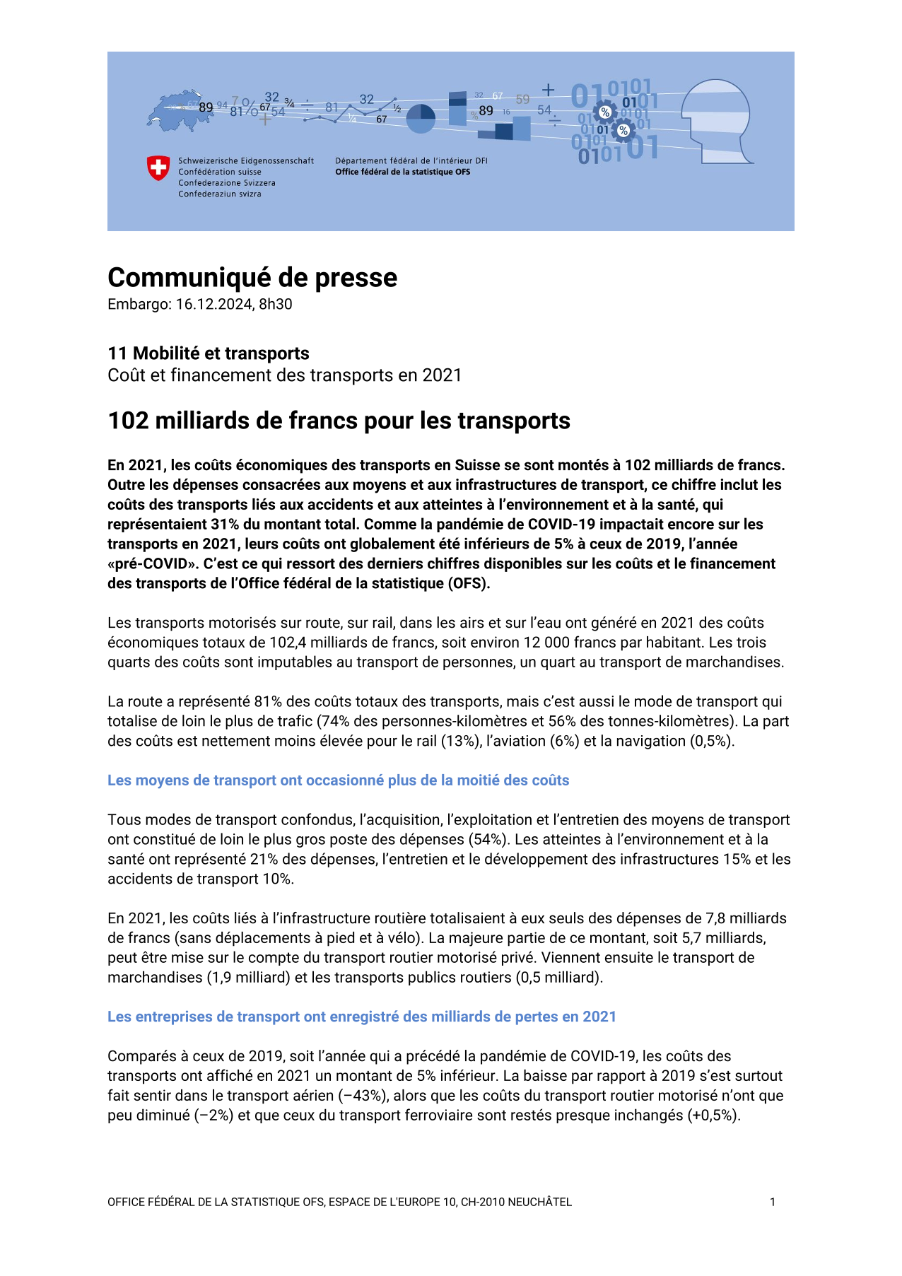 102 milliards de francs pour les transports