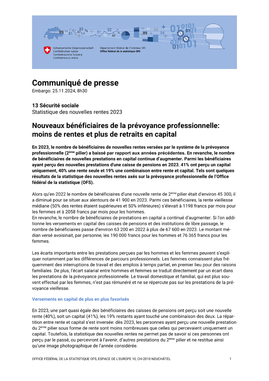 Nouveaux bénéficiaires de la prévoyance professionnelle: moins de rentes et plus de retraits en capital