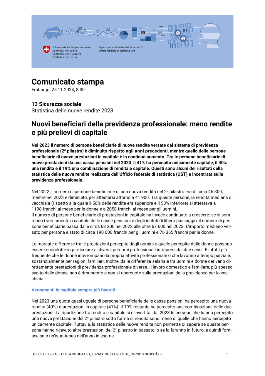 Nuovi beneficiari della previdenza professionale: meno rendite e più prelievi di capitale