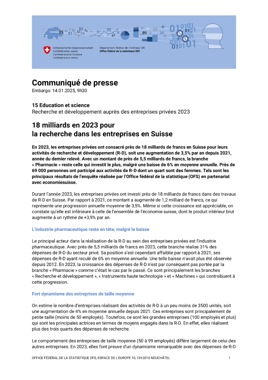 18 milliards en 2023 pour la recherche dans les entreprises en Suisse