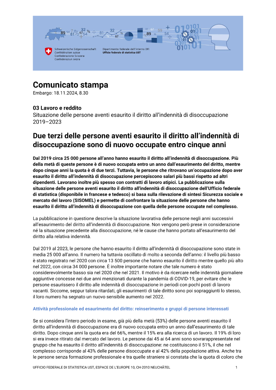 Due terzi delle persone aventi esaurito il diritto all'indennità di disoccupazione sono di nuovo occupate entro cinque anni