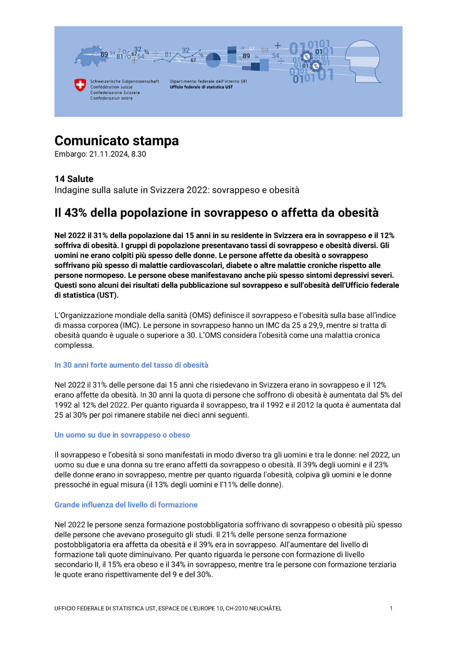 Il 43% della popolazione in sovrappeso o affetta da obesità