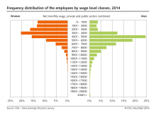 Frequency distribution of the employees by wage level classes - Net monthly wage, private and public sectors combined