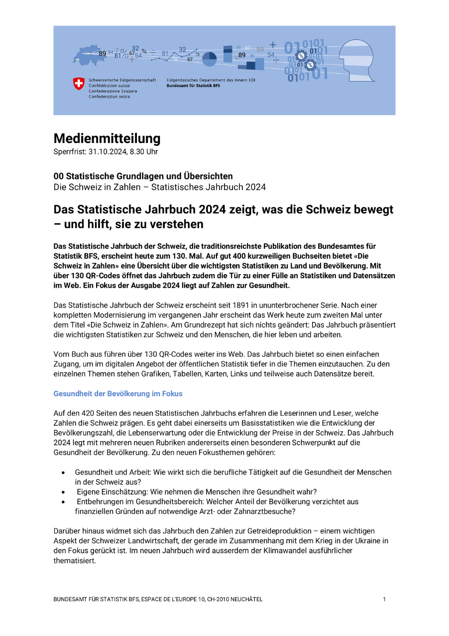 Das Statistische Jahrbuch 2024 zeigt, was die Schweiz bewegt - und hilft, sie zu verstehen