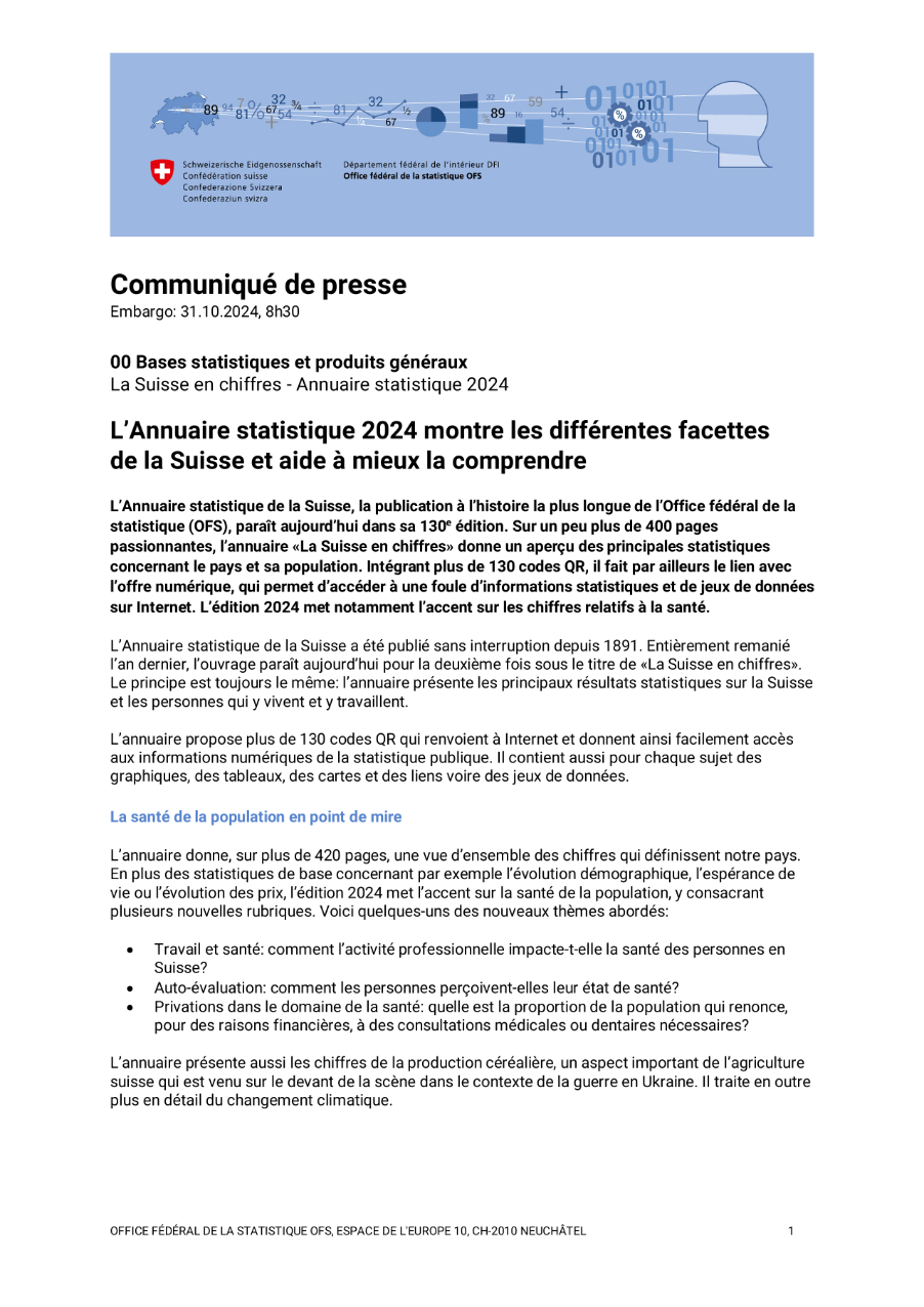 L'Annuaire statistique 2024 montre les différentes facettes  de la Suisse et aide à mieux la comprendre