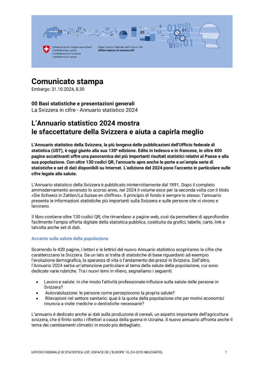 L'Annuario statistico 2024 mostra  le sfaccettature della Svizzera e aiuta a capirla meglio