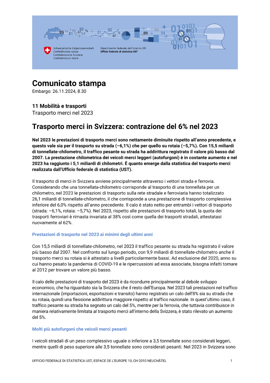 Trasporto merci in Svizzera: contrazione del 6% nel 2023