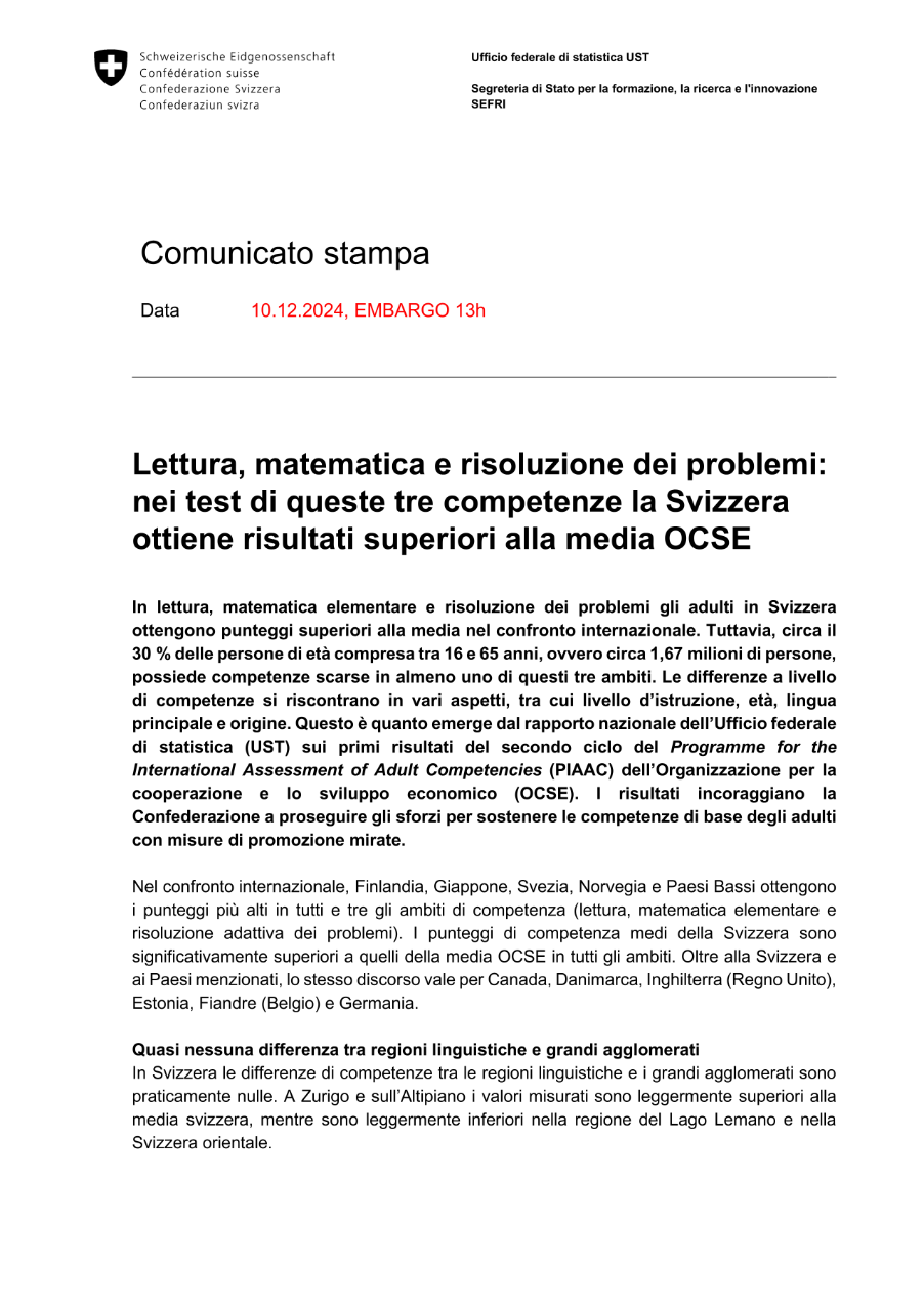 Lettura, matematica e risoluzione dei problemi: nei test di queste tre competenze la Svizzera ottiene risultati superiori alla media OCSE