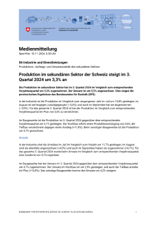 Produktion im sekundären Sektor der Schweiz steigt im 3. Quartal 2024 um 3,3% an