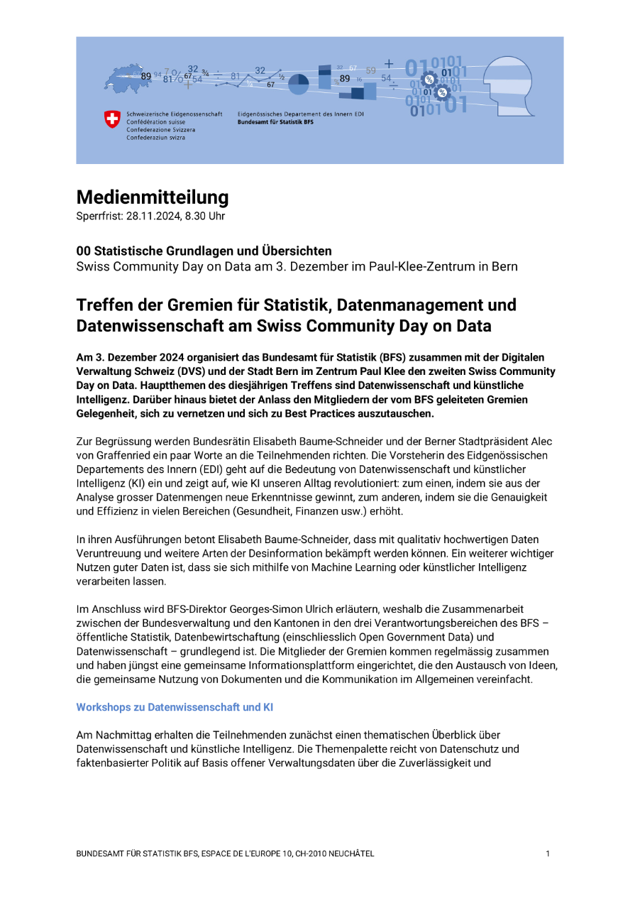 Treffen der Gremien für Statistik, Datenmanagement und Datenwissenschaft am Swiss Community Day on Data