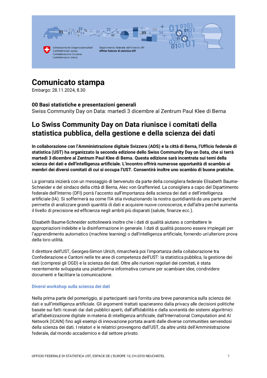 Lo Swiss Community Day on Data riunisce i comitati della statistica pubblica, della gestione e della scienza dei dati