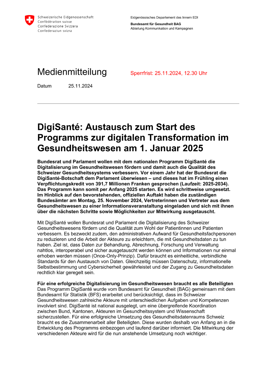 DigiSanté: Austausch zum Start des Programms zur digitalen Transformation im Gesundheitswesen am 1. Januar 2025