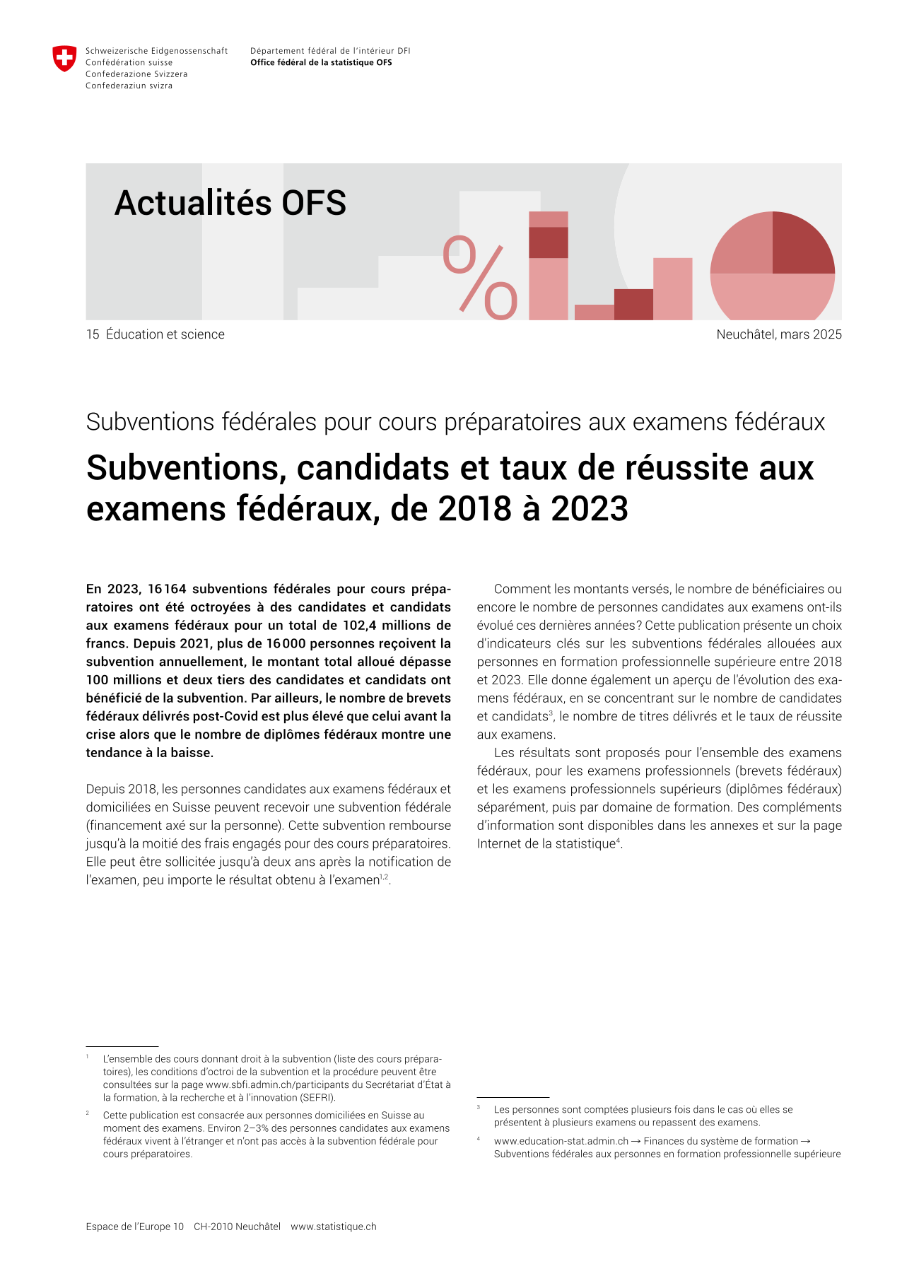 Subventions fédérales pour cours préparatoires aux examens fédéraux