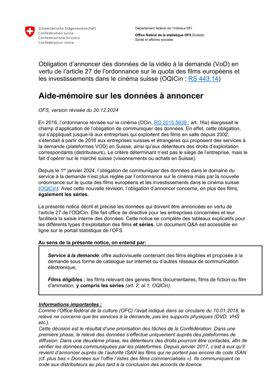 OQICin art. 27: Aide-mémoire pour la saisie des données