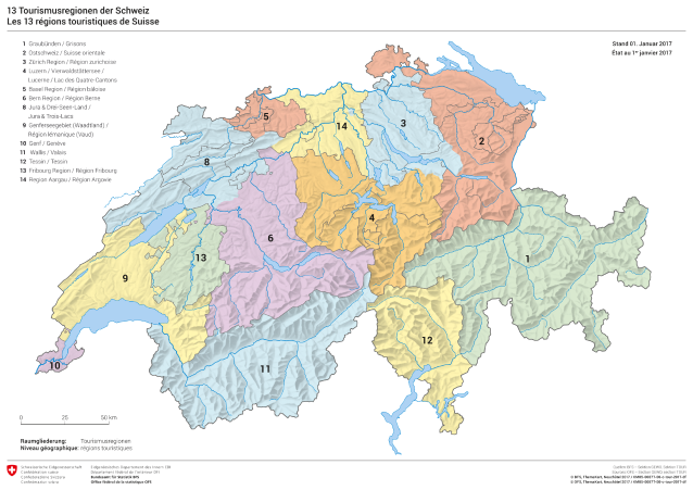 Les 13 régions touristiques de Suisse - état au 1er janvier 2017