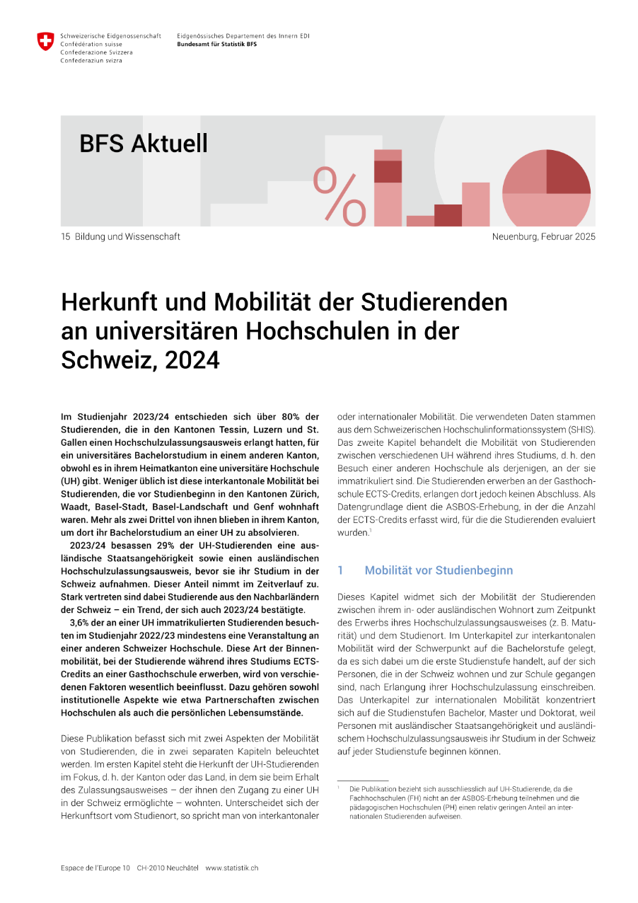 Herkunft und Mobilität der Studierenden an universitären Hochschulen in der Schweiz, 2024
