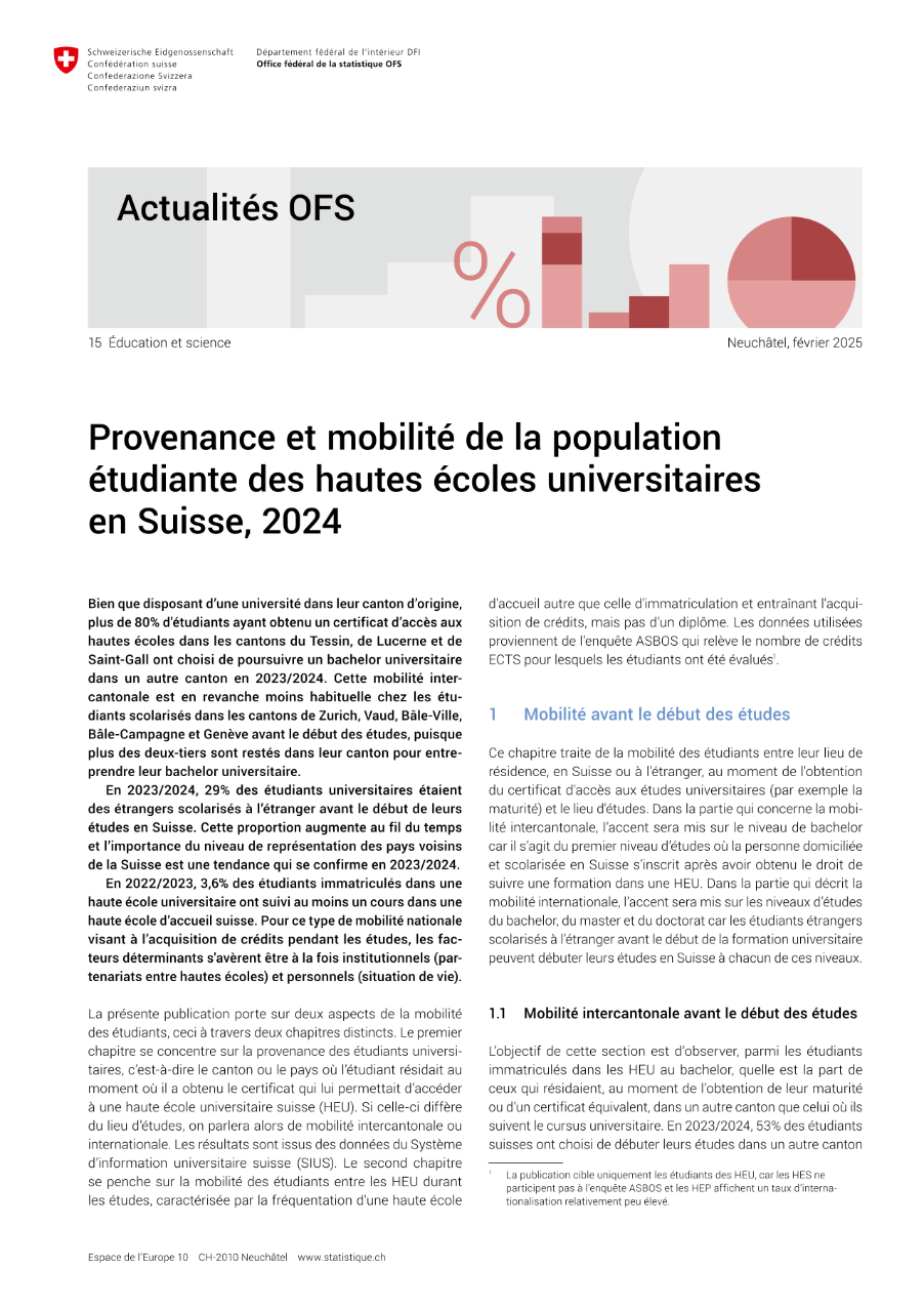 Provenance et mobilité de la population étudiante des hautes écoles universitaires en Suisse, 2024