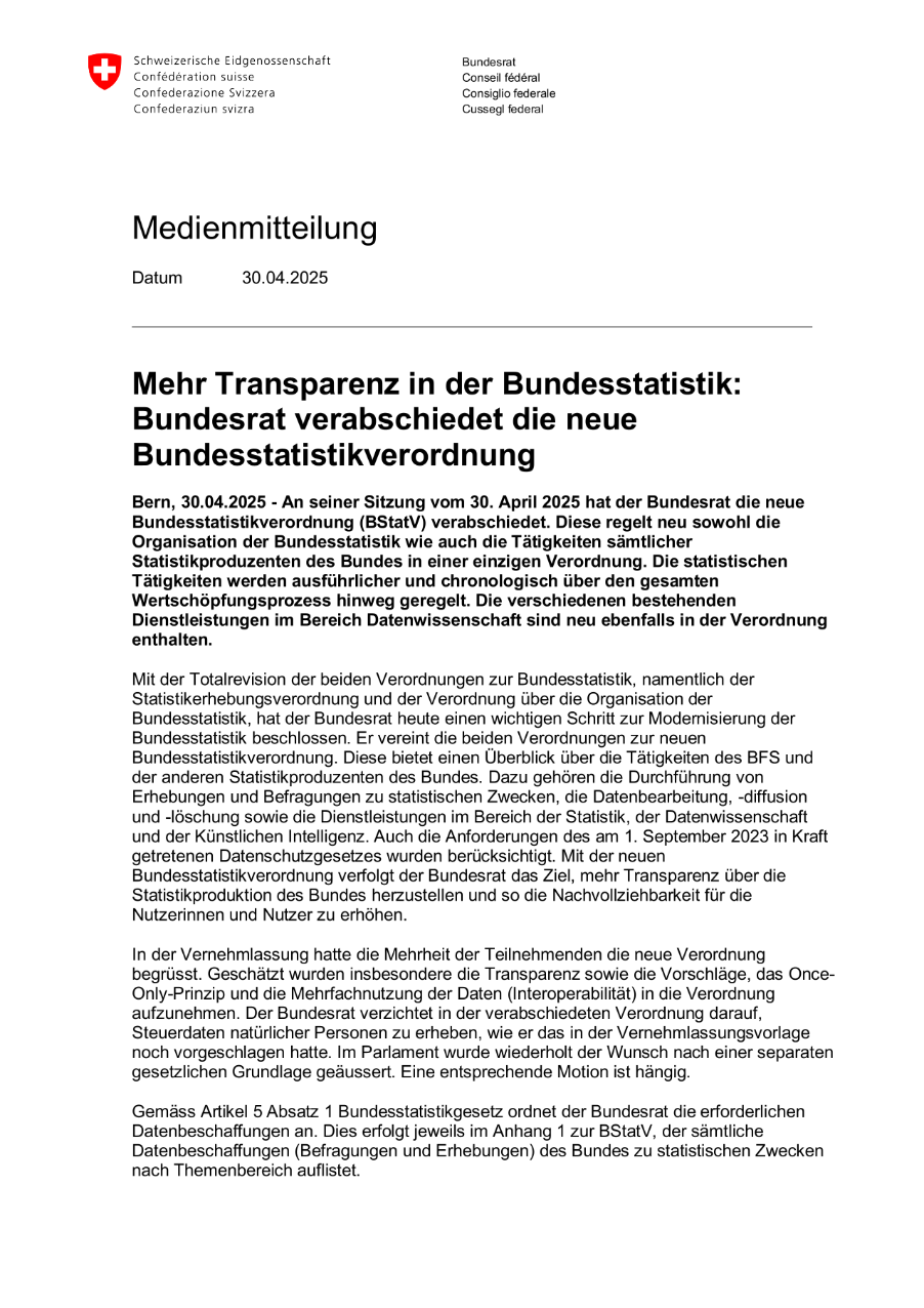 Mehr Transparenz in der Bundesstatistik: Bundesrat verabschiedet die neue Bundesstatistikverordnung