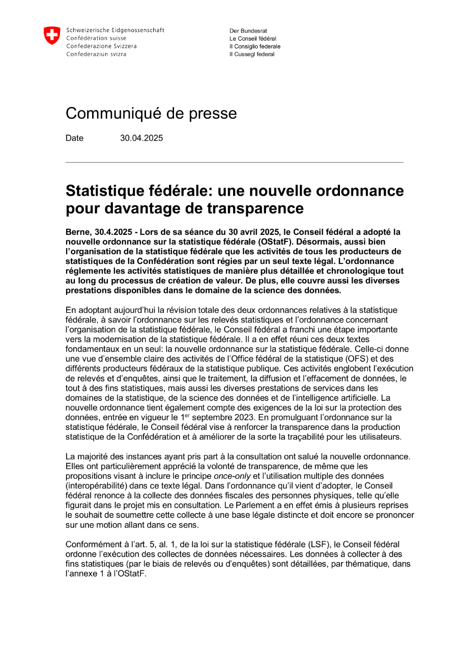 Statistique fédérale: une nouvelle ordonnance pour davantage de transparence