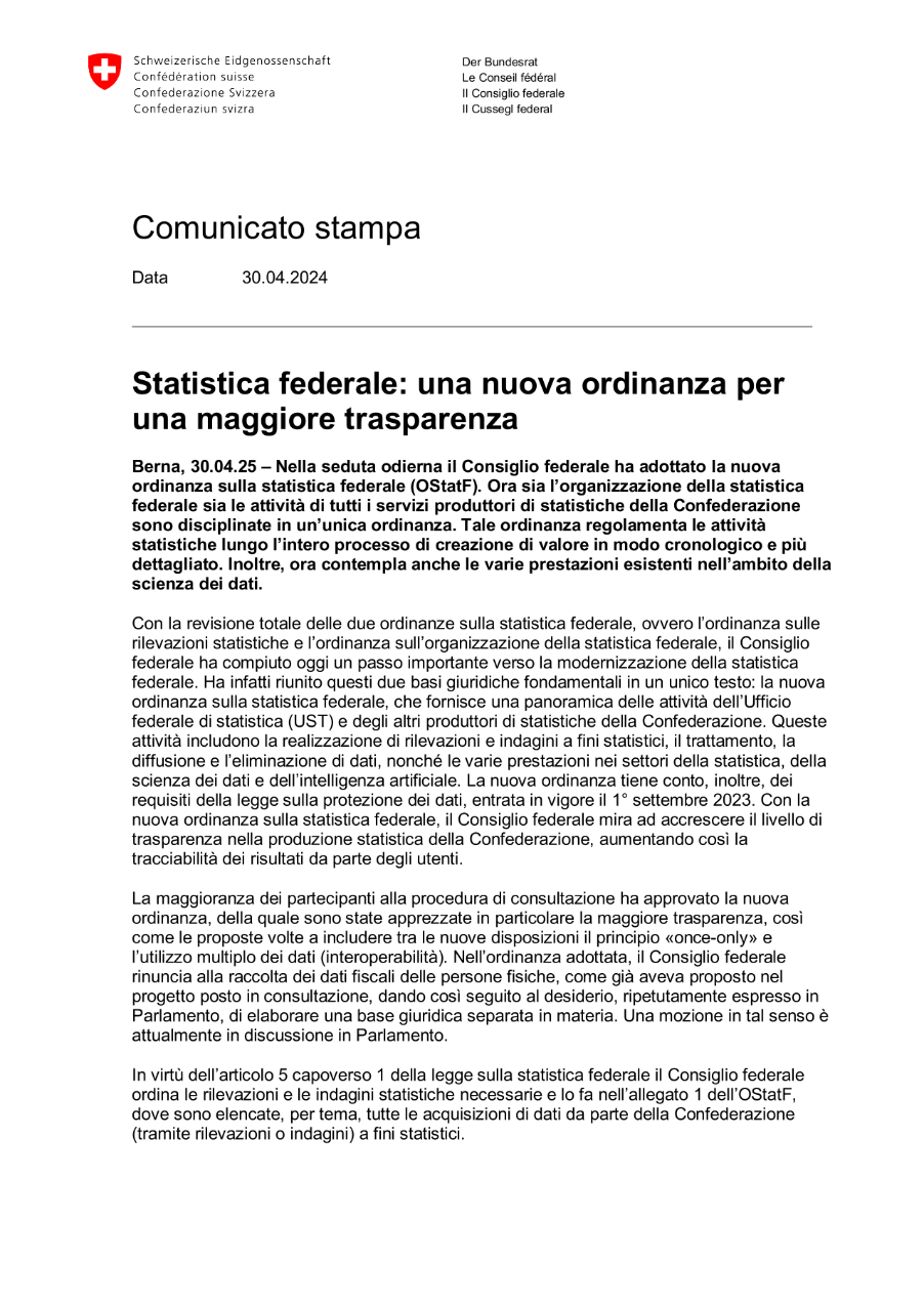 Statistica federale: una nuova ordinanza per una maggiore trasparenza