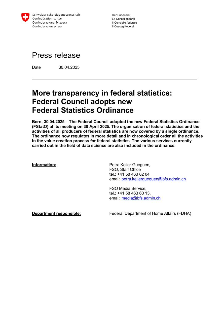 More transparency in federal statistics:  Federal Council adopts new  Federal Statistics Ordinance