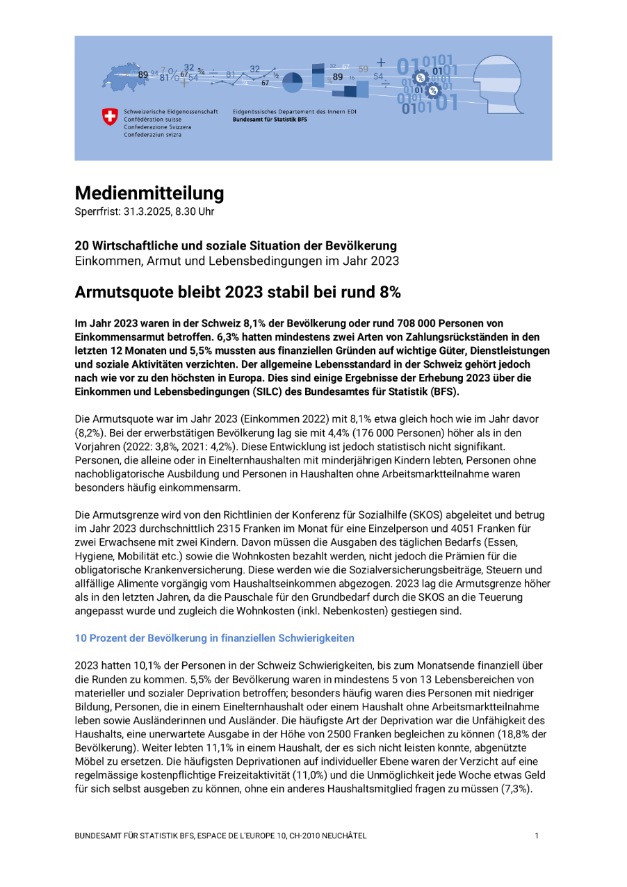 Armutsquote bleibt 2023 stabil bei rund 8%