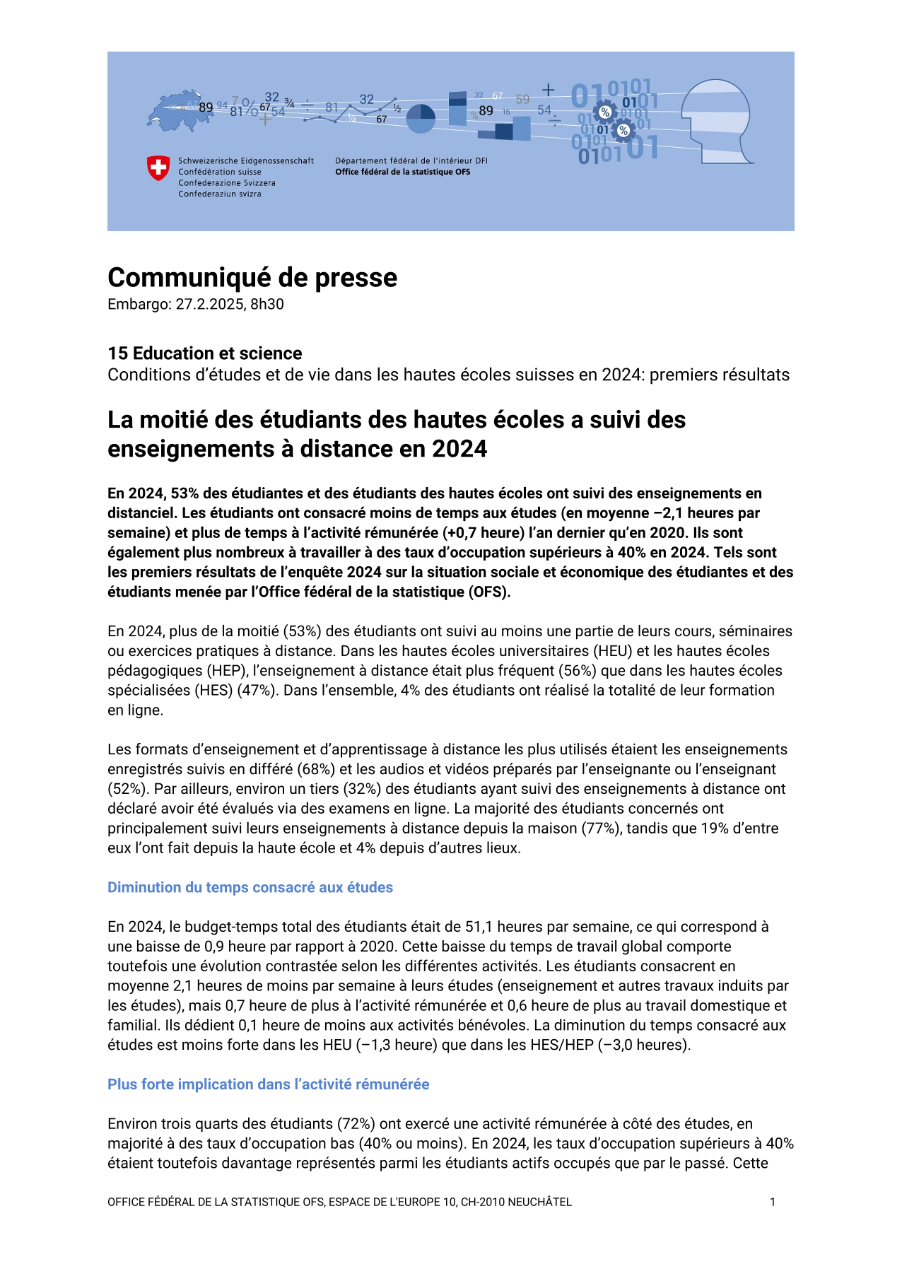 La moitié des étudiants des hautes écoles a suivi des enseignements à distance en 2024