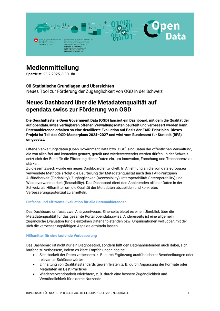 Neues Dashboard über die Metadatenqualität auf opendata.swiss zur Förderung von OGD