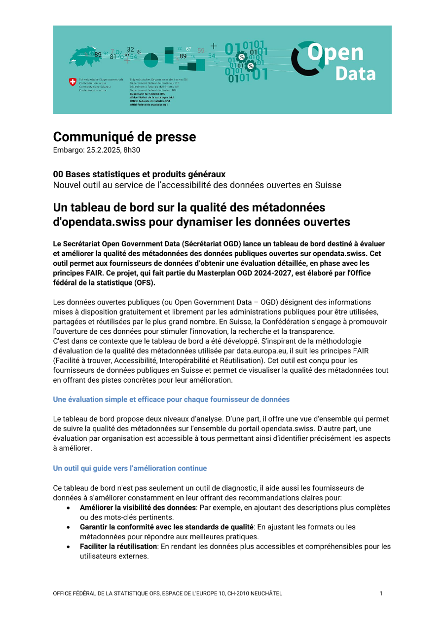 Un tableau de bord sur la qualité des métadonnées d'opendata.swiss pour dynamiser les données ouvertes