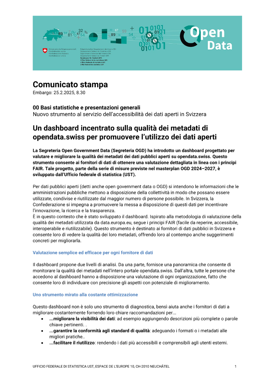 Un dashboard incentrato sulla qualità dei metadati di opendata.swiss per promuovere l'utilizzo dei dati aperti