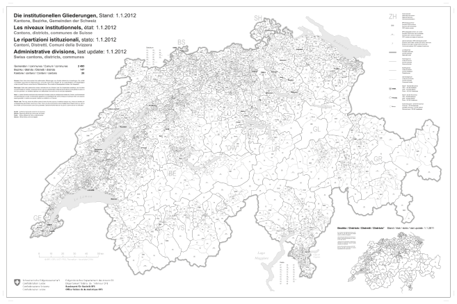 Übersichtskarte der institutionellen Gliederungen der Schweiz, Stand: 1.1.2012