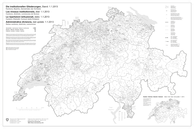 Übersichtskarte der institutionellen Gliederungen der Schweiz, Stand: 1.1.2013