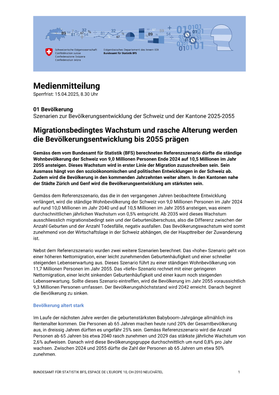 Migrationsbedingtes Wachstum und rasche Alterung werden die Bevölkerungsentwicklung bis 2055 prägen
