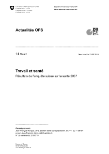 Travail et santé. Résultats de l'enquête suisse sur la santé 2007