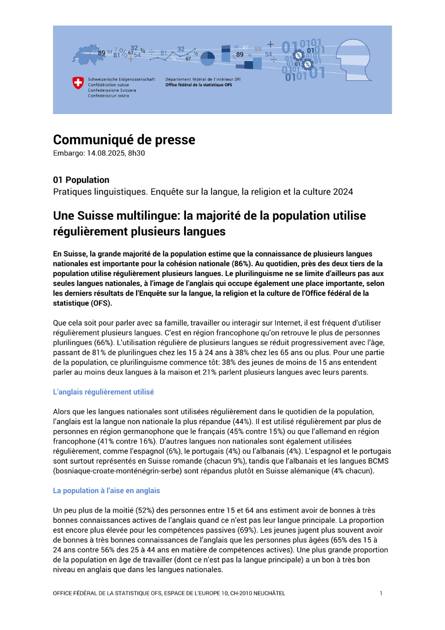 Une Suisse multilingue: la majorité de la population utilise régulièrement plusieurs langues
