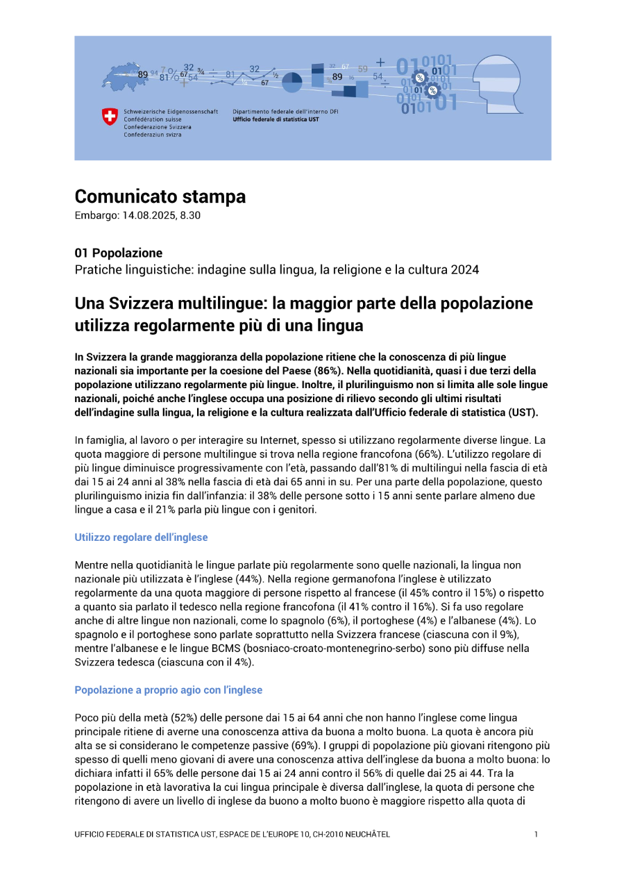 Una Svizzera multilingue: la maggior parte della popolazione utilizza regolarmente più di una lingua
