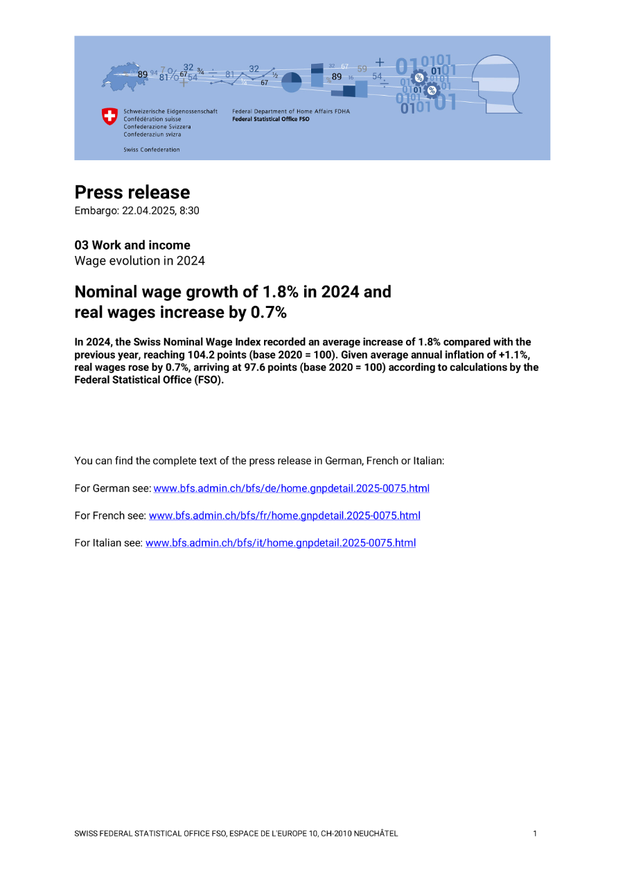 Nominal wage growth of 1.8% in 2024 and  real wages increase by 0.7%