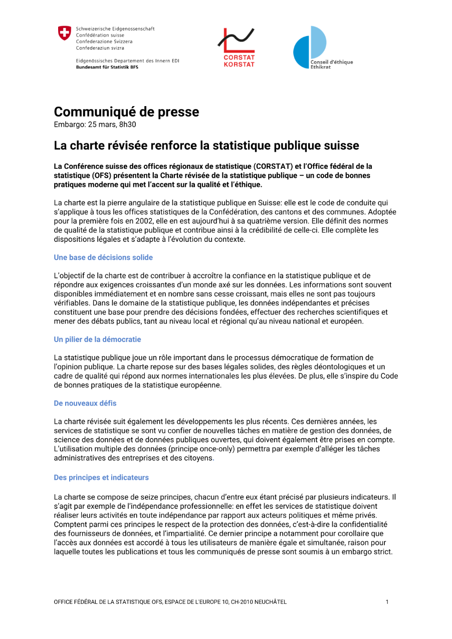 La charte révisée renforce la statistique publique suisse