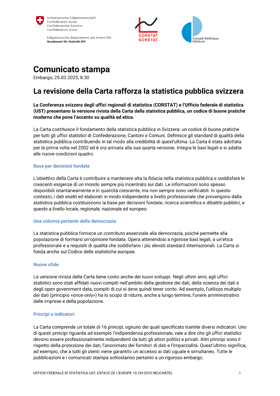La revisione della Carta rafforza la statistica pubblica svizzera